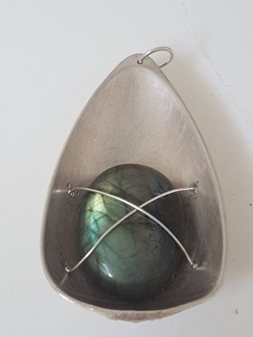 Namibian Labadorite in large teardop solid silver .800 setting with silver wire. 24.4 g!