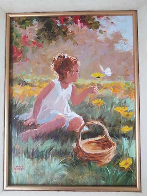 Lienkie Lombard (1949-)Geel en Wit./Girl with Flower. Original acrylic. Certificate of Authenticity.