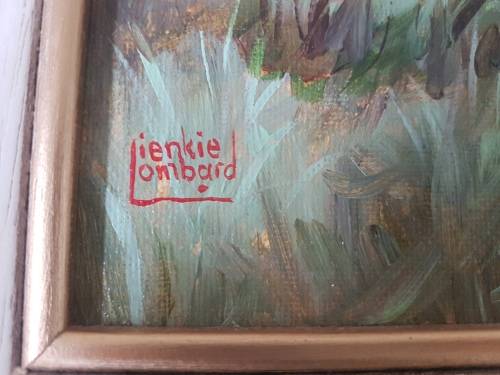 Lienkie Lombard (1949-)Geel en Wit./Girl with Flower. Original acrylic. Certificate of Authenticity.