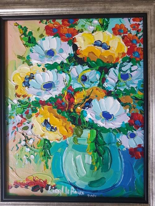 Liezl Le Roux. Still Life of a bowl of flowers. Excellent frame. Original acrylic, thick paint.