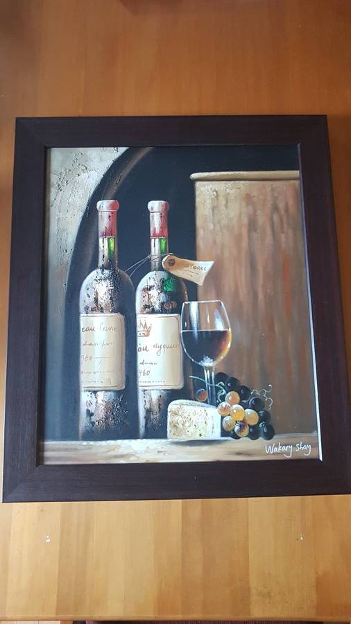 Original Oil Painting of Wine Bottles, Wine Glass. Excellent frame. Signed Wakary Shay.