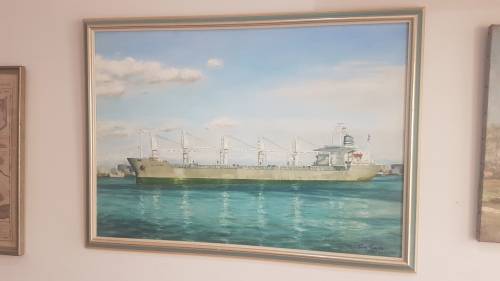 Painting of Ship Sea Pioneer of Safmarine by Jean Fuggle. Original Oil, signed and dated 1986.