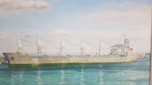 Painting of Ship Sea Pioneer of Safmarine by Jean Fuggle. Original Oil, signed and dated 1986.