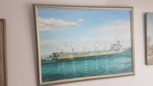 Painting of Ship Sea Pioneer of Safmarine by Jean Fuggle. Original Oil, signed and dated 1986.