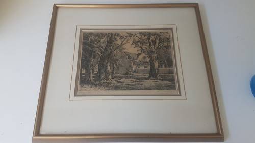 Tinus de Jongh .  Steenberg, Tokai, Cape Town, . Cape Dutch Farm. Etching, double mount and frame.