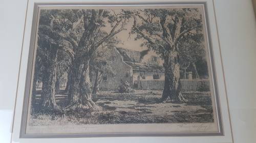 Tinus de Jongh .  Steenberg, Tokai, Cape Town, . Cape Dutch Farm. Etching, double mount and frame.