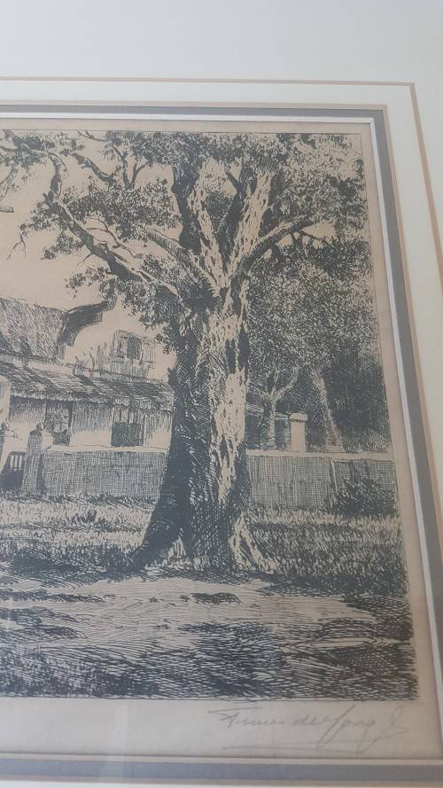 Tinus de Jongh .  Steenberg, Tokai, Cape Town, . Cape Dutch Farm. Etching, double mount and frame.