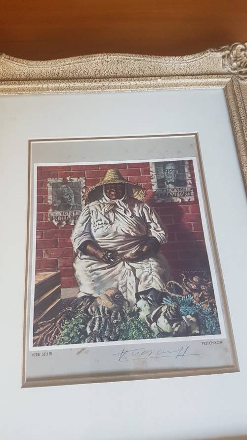 HAND SIGNED by Tretchikoff . Herb Seller. Framed Colour Plate. Ornate gilt mid-century frame.