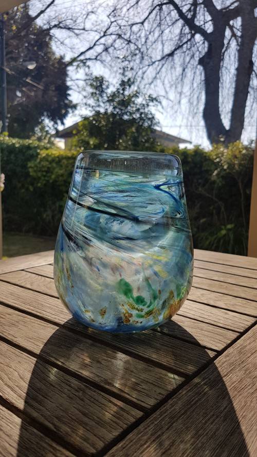 Shirley Cloete  (1921-2010). Signed Hand Made VASE.  Swirled hand blown colour glass. Pro glassmaker