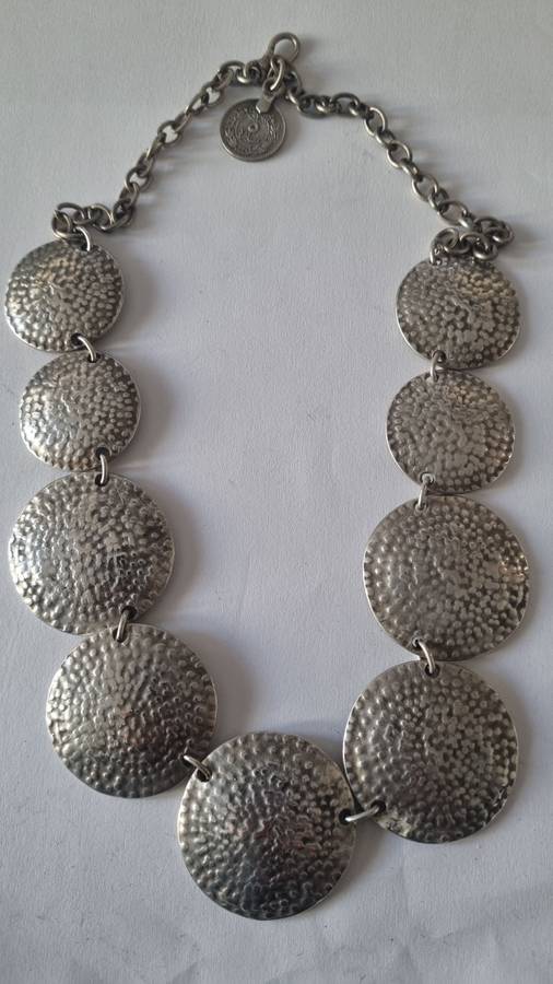 Handmade Necklace Turkish Zinc Pewter, textured domes 9 discs and Turkey 1909-1911 5 para coin!
