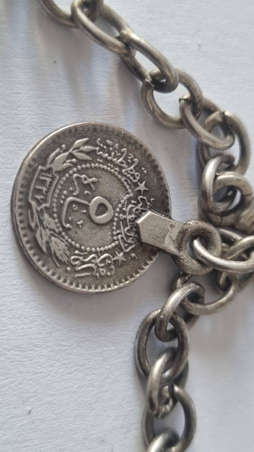Handmade Necklace Turkish Zinc Pewter, textured domes 9 discs and Turkey 1909-1911 5 para coin!