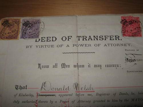 1899 Deed of Transfer Kimberley with 4 Cape of Good Hope revenue stamps and colour plan