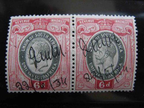6d Union of South Africa revenue stamp pair