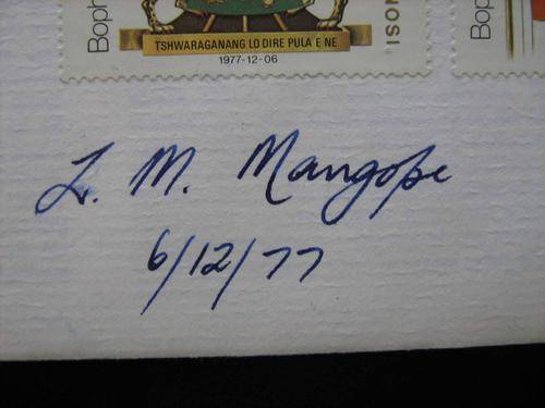 1977 Bophuthatswana Independence FDC. Signed by the Pres.L.M. Mangope on the first day in office.