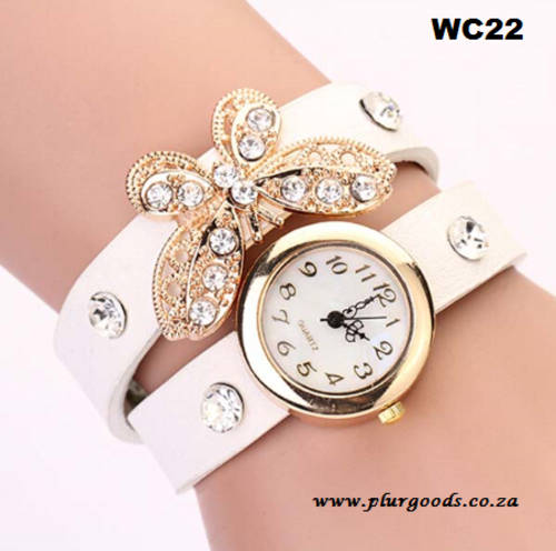 Rhinestone  Long Leather Sling Quartz Wrist Watch with BUTTERFLY