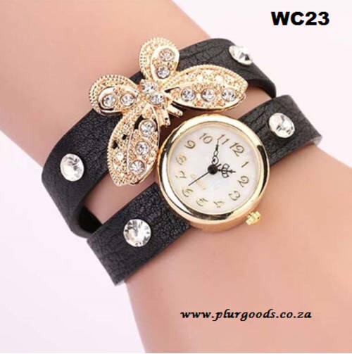 Rhinestone  Long Leather Sling Quartz Wrist Watch with BUTTERFLY