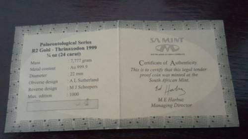 1999 Thrinaxodon S.A. Gold Coin, R2 Gold 1/4oz (7.777 gram) 24 carat MINT