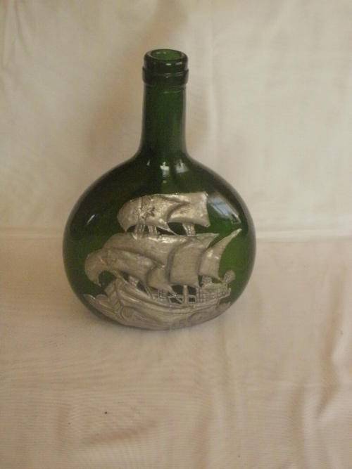 GREEN BOTTLE WITH PEWTER OVERLAY