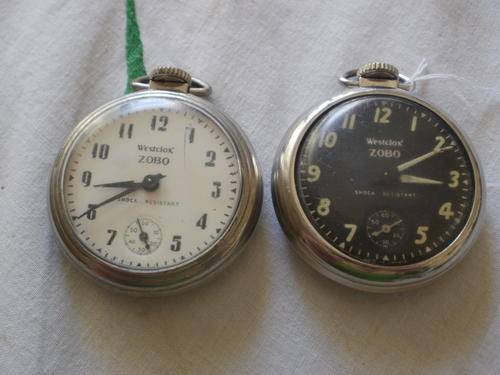 TWO WESTCLOX ZOBO, POCKET WATCHES. MADE IN CANADA