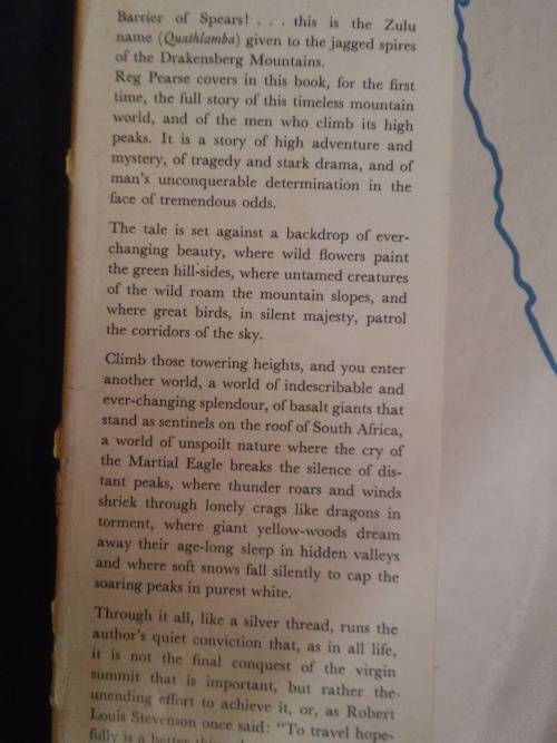 BARRIER OF SPEARS DRAMA OF THE DRAKENSBERG BY R.O. PEARSE - 1973