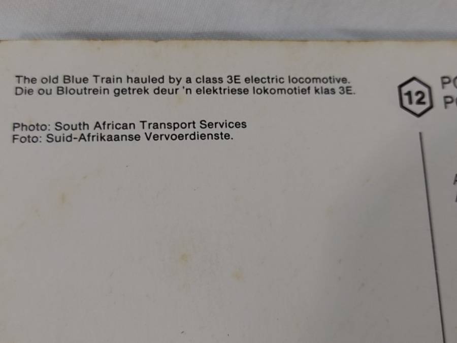 The old Blue Train hauled by a Class 3E electric locomotive. Postcard