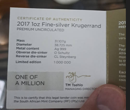 2017 1oz Fine Silver Krugerrand Premium Unc  50th Anniversary