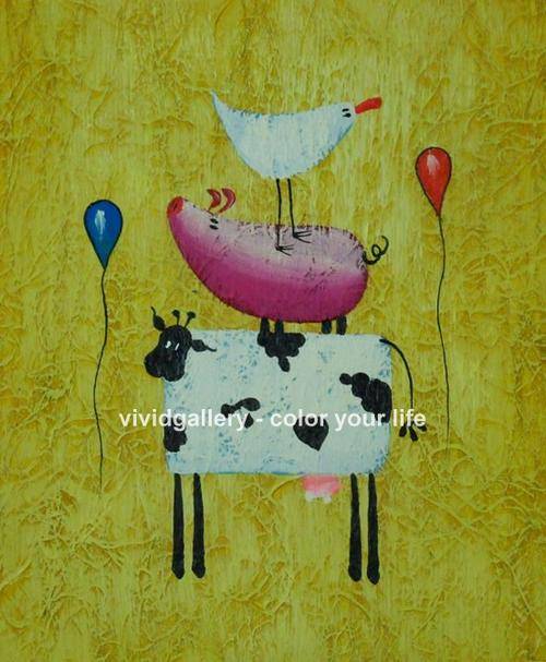 Framed Hand-painted Stock Oil Painting Cartoon Kids Children Cute Birds Cow SA17