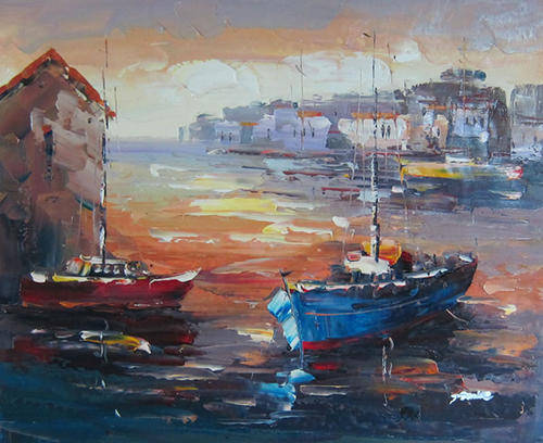 Hand-painted Stock Signed Oil Painting 24"x20" Seascape Dock Boats Terminal HT97
