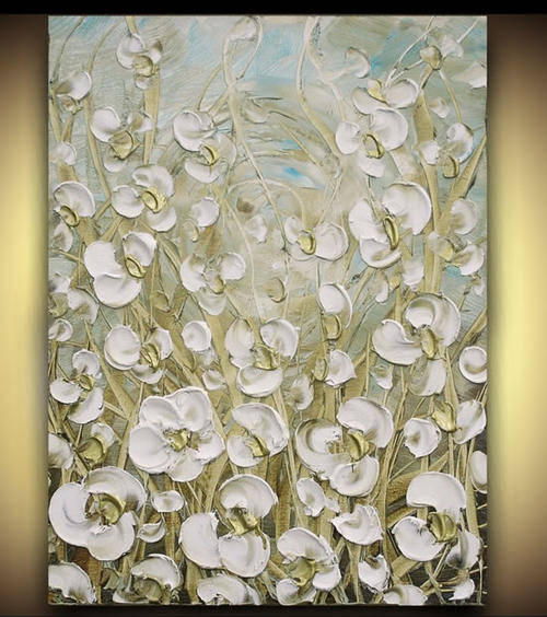 Hand-painted Heavy Texture Oil Painting 90cmx60cm White Flowers Golden Abstract Deco Art HS049