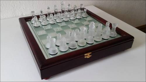 glass chess set 32 piece 35cm 35 wooden case storage frosted frost clear top