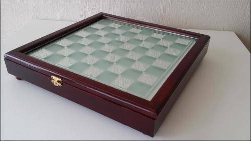 glass chess set 32 piece 35cm 35 wooden case storage frosted frost clear top