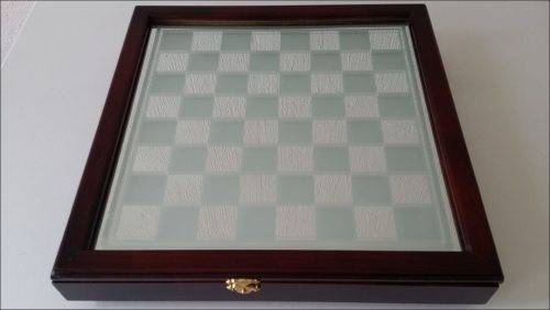 glass chess set 32 piece 35cm 35 wooden case storage frosted frost clear top
