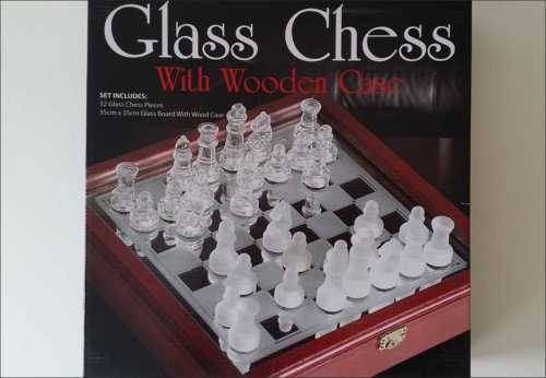 glass chess set 32 piece 35cm 35 wooden case storage frosted frost clear top