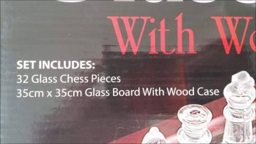 glass chess set 32 piece 35cm 35 wooden case storage frosted frost clear top