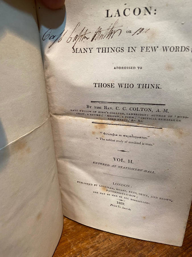 Lacon, or Many Things in Few Words. Vol`s 1 and 2 By Colton, Rev. C.C., A.M. 1823