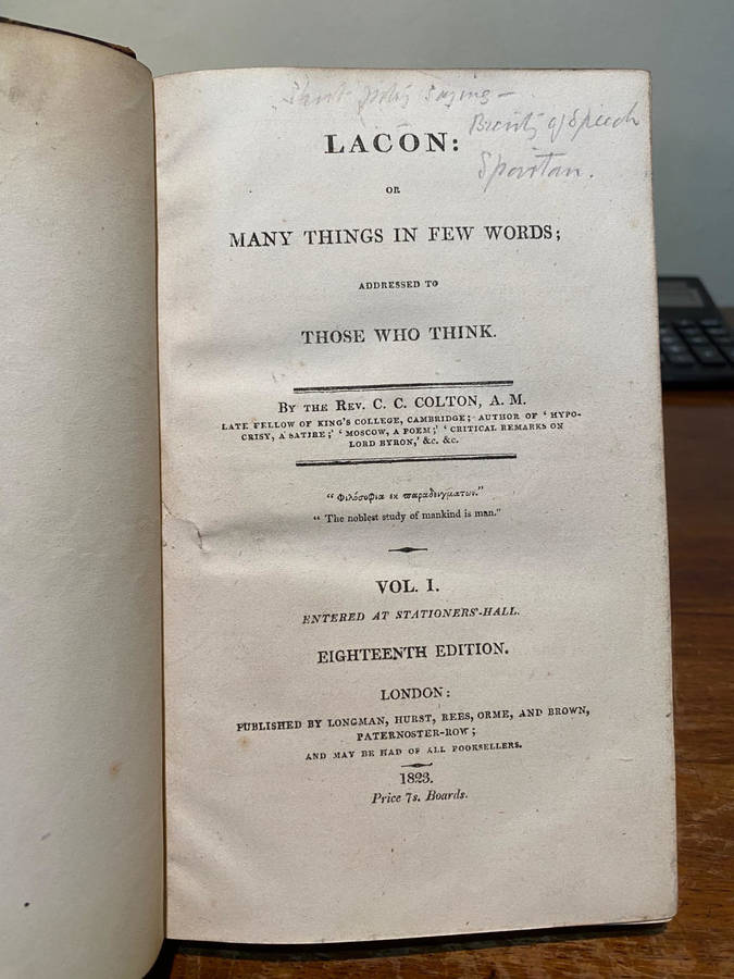 Lacon, or Many Things in Few Words. Vol`s 1 and 2 By Colton, Rev. C.C., A.M. 1823