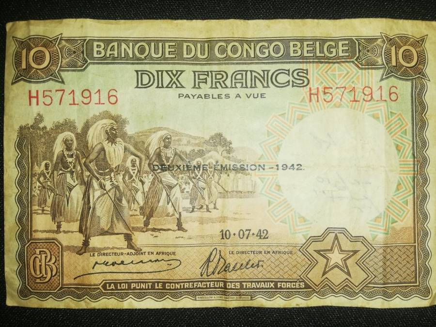 WW2 era Belgian Congo 10 Francs. 2nd issue 1942.