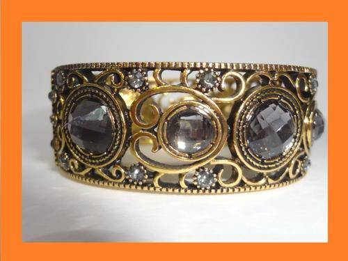 Jewellers Brass Bangle with Gray Crystal Rhinesontes