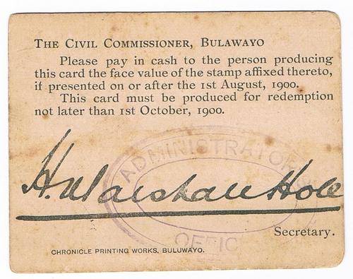 Marshall Hole Card - Boer War - used in Bulawayo