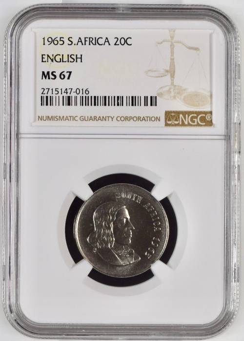 Ultra Gem | 1965 S.Africa ENG 20 Cents NGC Certified MS67 | Unbelievable Quality | Satiny Lustre