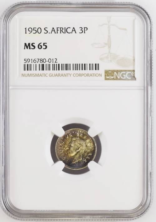 S. Africa: 1950 KGVI 3D (Threepence) NGC Certified MS65