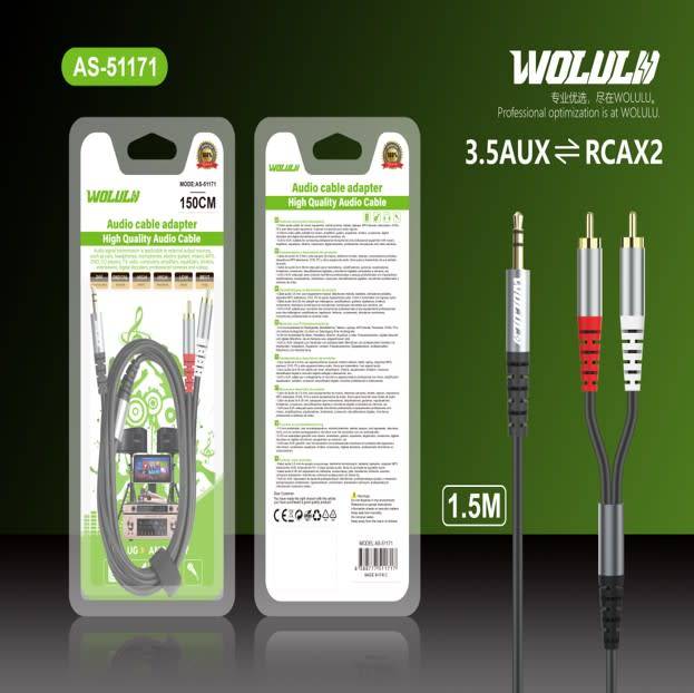 RCA to AUX AS-51171 3.5mm To Dual Lotus Head Male Cable 1.5m