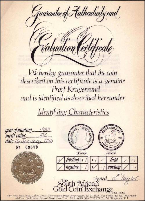 1983 1 Ounce Gold Proof Krugerrand Graded, Slabed and Certified  by SAGCE