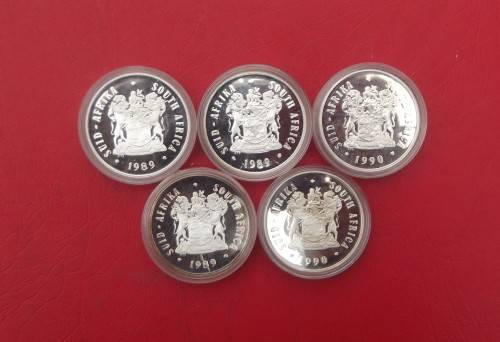 5  X  PROOF RSA SILVER RANDS. SEALED IN SAM CAPSULE. BID PER RAND TO TAKE 5.