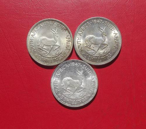 3  X BEAUTIFUL 1947 SILVER 5 SHILLING COINS. SCARCE. BID IS PER COIN TO TAKE ALL.