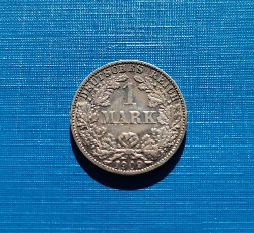 1909 GERMAN REICH SILVER 1 MARK COIN. 5.5 GRAMS OF 90% SILVER.
