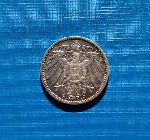 1909 GERMAN REICH SILVER 1 MARK COIN. 5.5 GRAMS OF 90% SILVER.