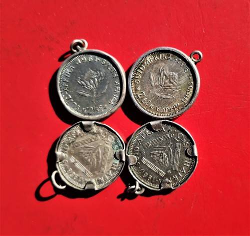 4 X SILVER 3P COINS IN SILVER SETTINGS. BID PER COIN TO TAKE ALL 4.