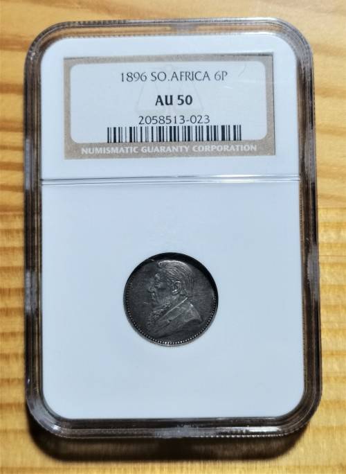ZAR 1896 6P. NGC AU50.