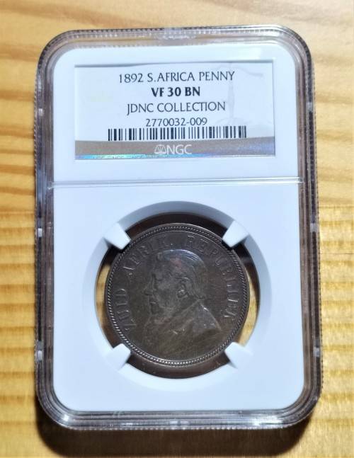 ZAR 1892 PENNY. NGC VF30BN. JDNC COLLECTION.